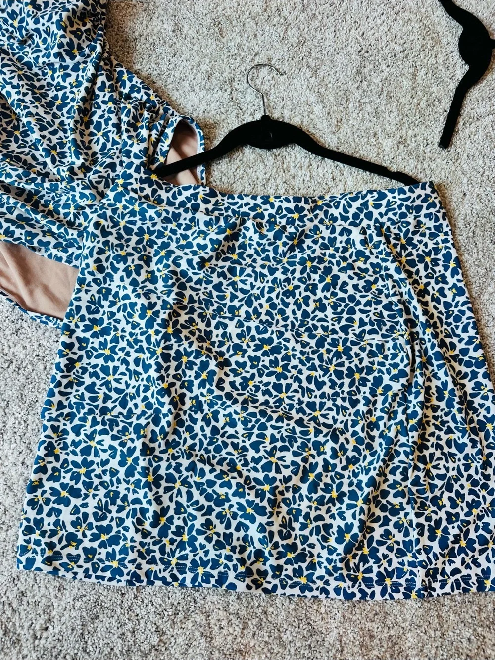 Susan Graver Blue and White Leaf-Print Swim One-Piece with matching Skirt